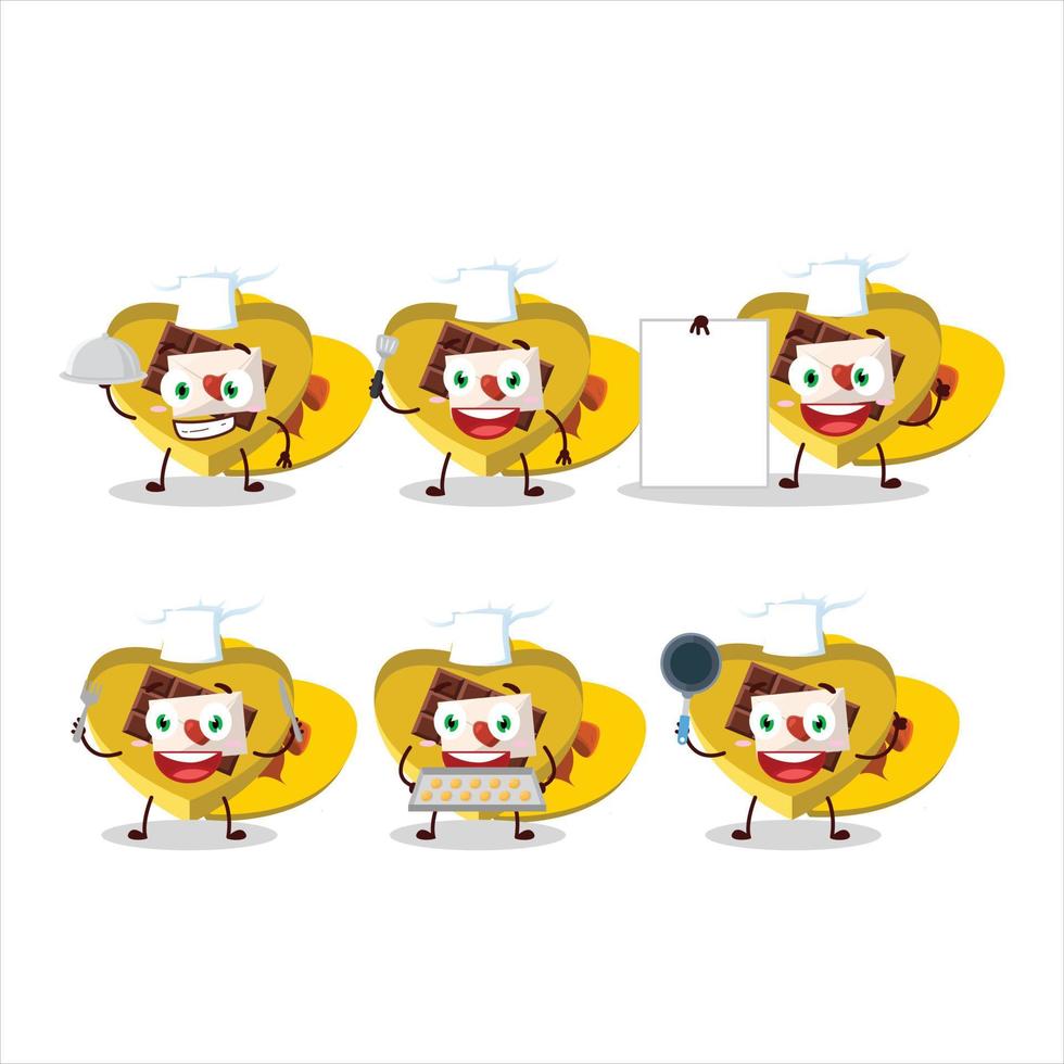 desenho animado personagem do amarelo amor aberto presente caixa com vários chefe de cozinha emoticons vetor