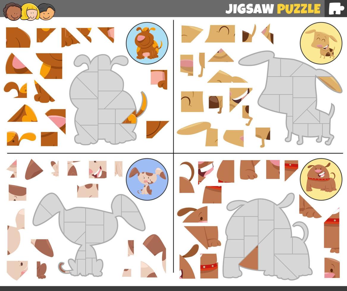 quebra-cabeças enigma jogos conjunto com engraçado desenho animado cachorros vetor