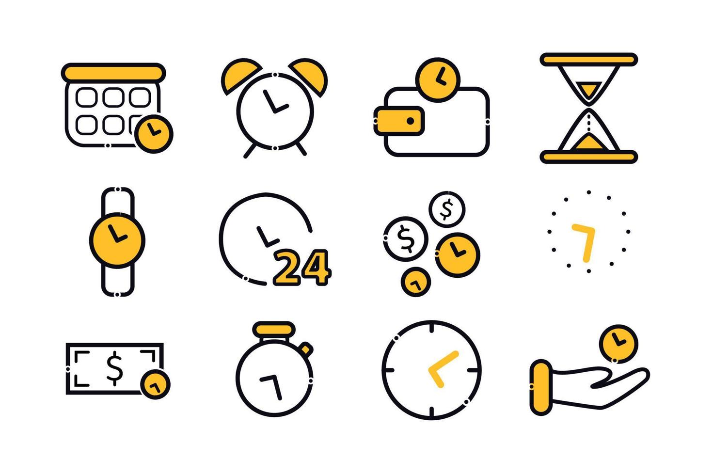 Tempo gestão ícones definir. elementos dentro a conjunto calendário, alarme relógio, ampulheta, relógio de pulso, relógio, Tempo é dinheiro, cronômetro, Tempo dentro mão. vetor