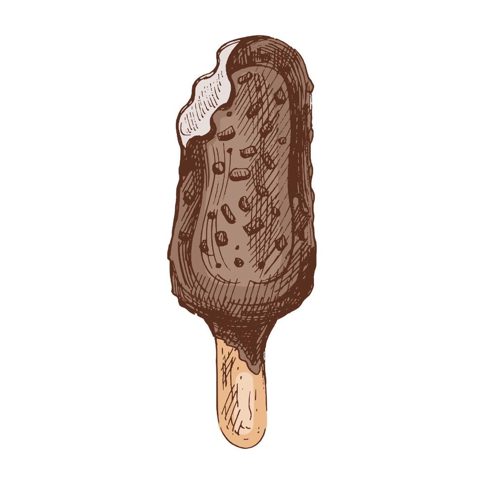 uma desenhado à mão colori esboço do gelo creme, picolé em uma bastão dentro chocolate. vintage ilustração. elemento para a Projeto do rótulos, embalagem e cartões postais. vetor