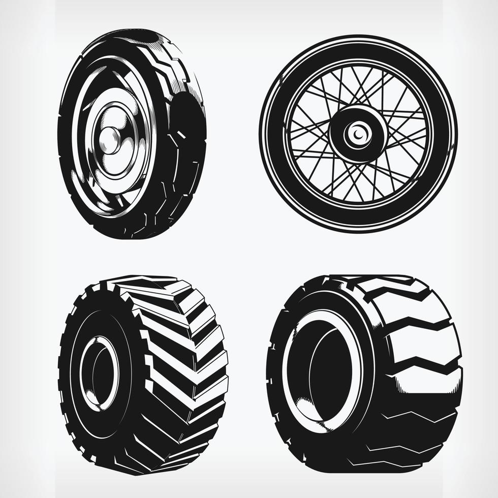 silhueta rodas de motocicleta pneus de carro, desenho vetorial de estêncil vetor
