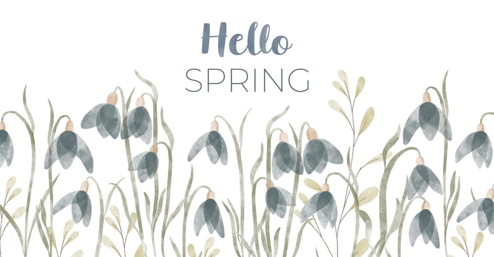 Olá Primavera floral horizontal cartão com snowdrops flores aguarela mão desenhado isolado ilustração fronteira, Prado ou floral fundo para seu Projeto. vetor