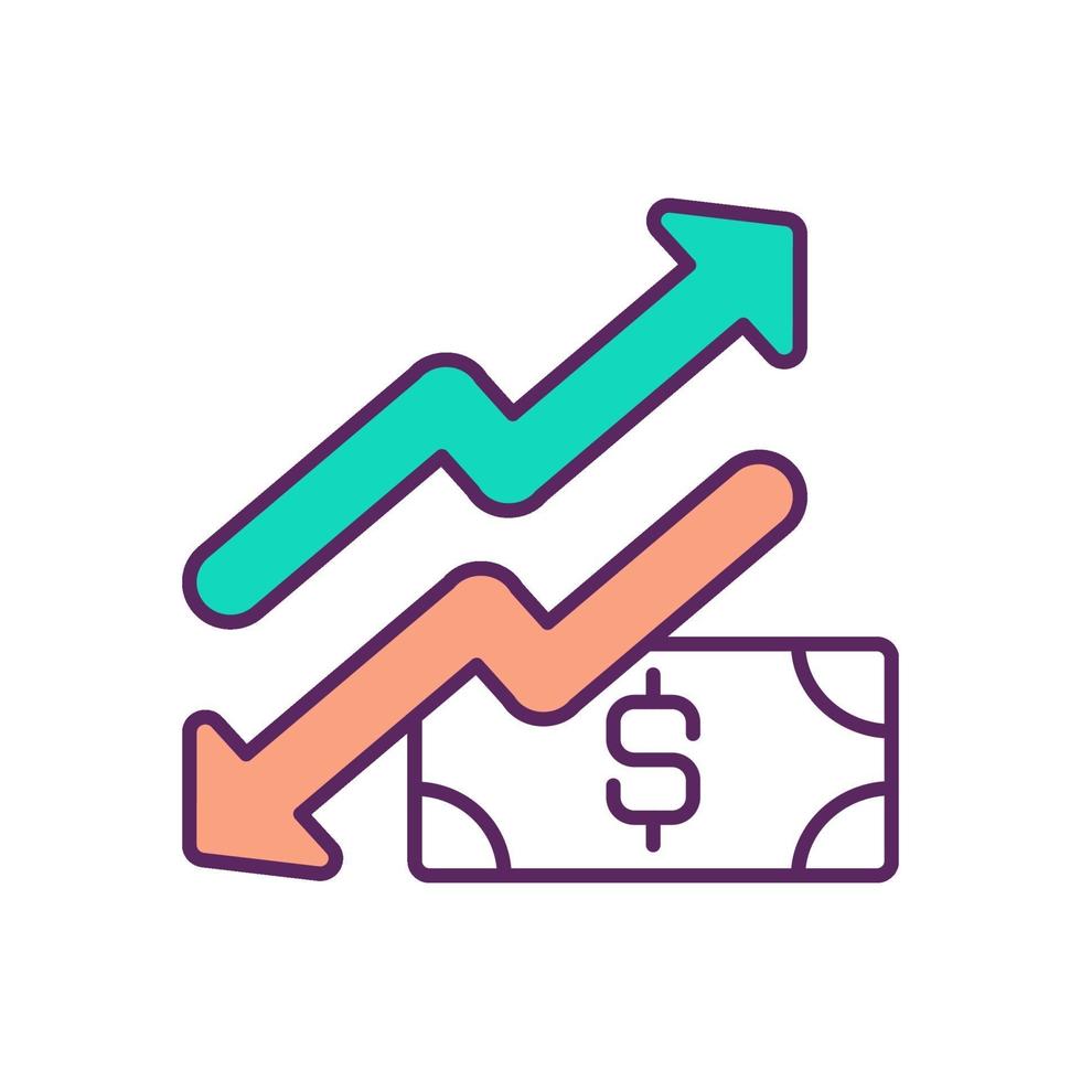 ícone de cor rgb de ascensão e queda da moeda vetor