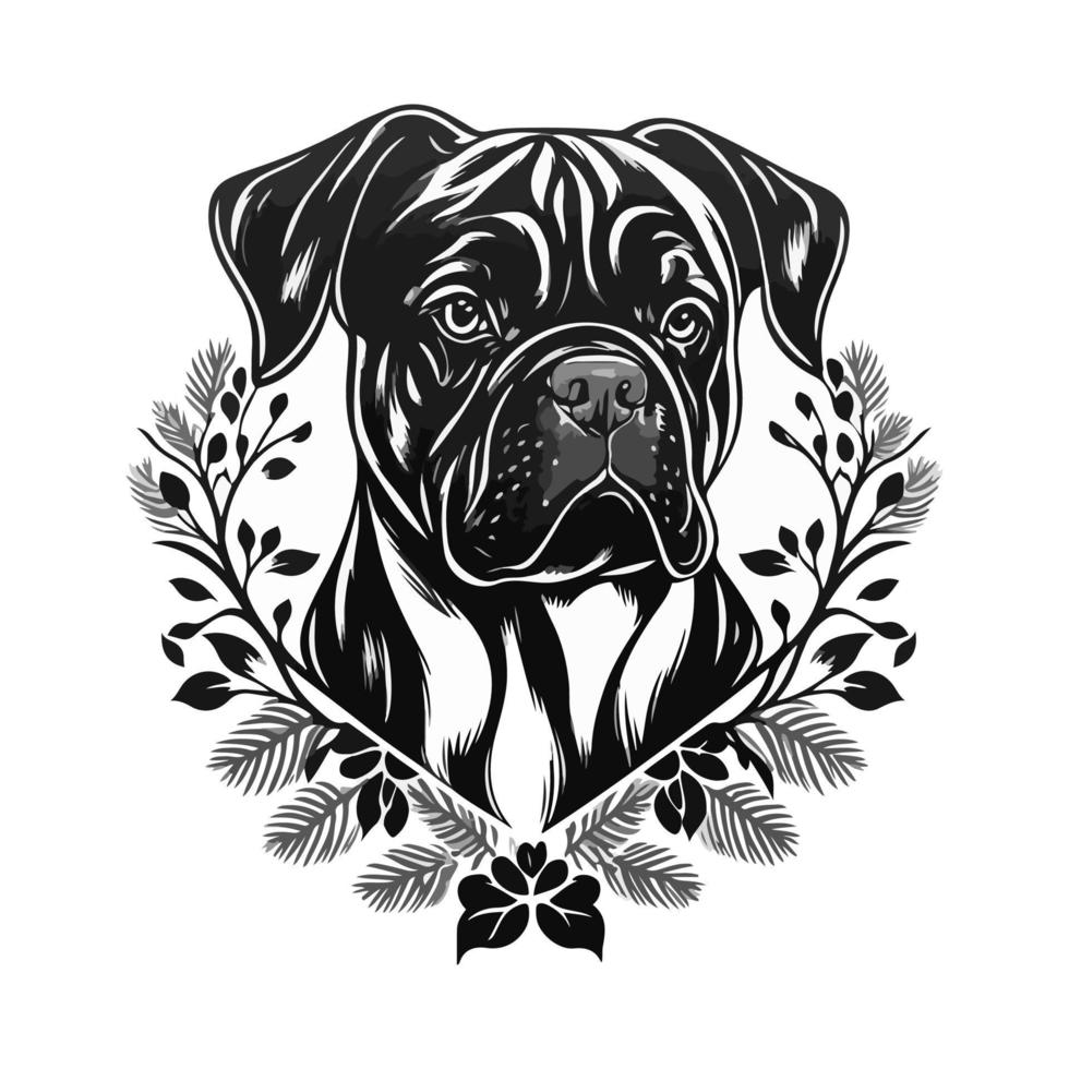boxer cachorro cabeça com floral guirlanda. escala de cinza vetor ilustração.