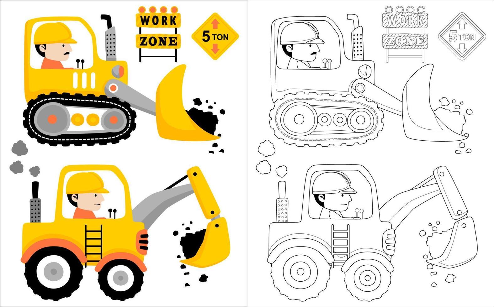 vetor desenho animado do trabalhador em construção veículos, construção sinais, coloração livro ou página