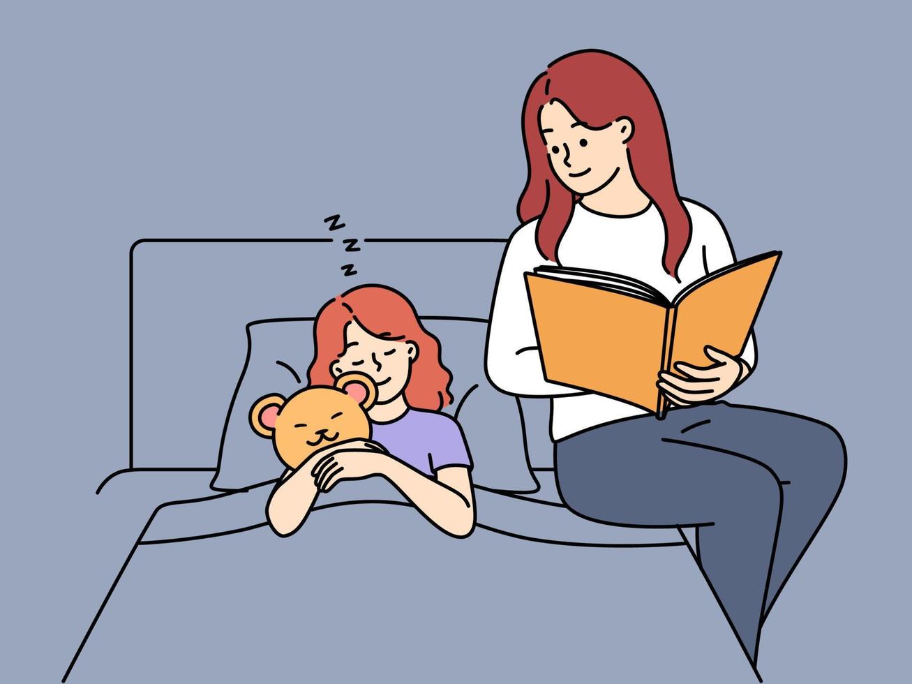 amoroso jovem mãe sentar dentro cama lendo livro para sonolento filha. carinhoso mãe faço pequeno menina criança para dormir com conto de fadas. maternidade. vetor ilustração.