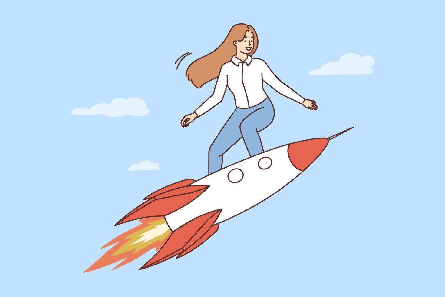 motivado empresária vôo em foguete esforçar para carreira sucesso e conquistas. bem sucedido fêmea empregado em nave espacial mosca para objetivo ou mirar. vetor ilustração.
