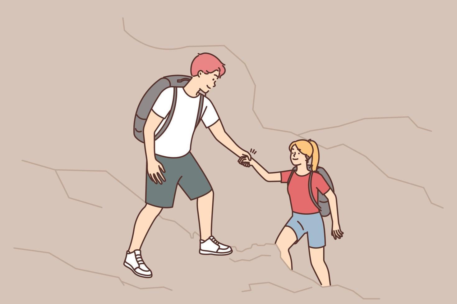 carinhoso jovem homem escalada em montanha dar mão Socorro mulher amigo. sorridente masculino ajudar fêmea caminhada junto. amizade e montanhismo. vetor ilustração.