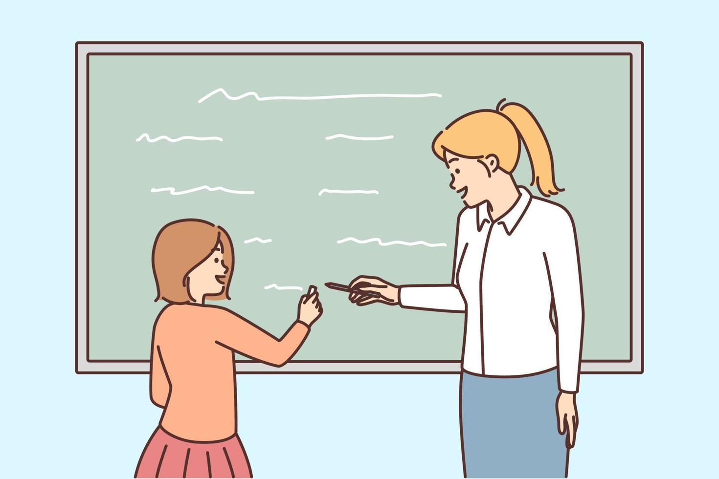 sorridente fêmea professor e estudante escrevendo em quadro-negro dentro sala de aula. mulher tutor ensino animado menina criança perto borda dentro escola. vetor ilustração.