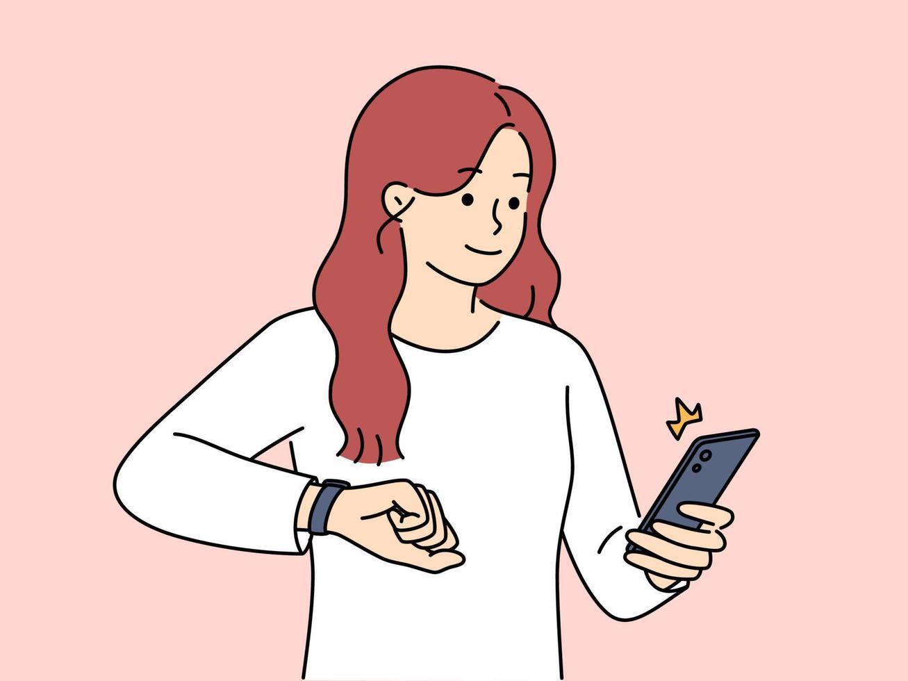 sorridente jovem mulher pegue notificação em celular e relógio inteligente. feliz menina receber texto ou mensagem em Smartphone e inteligente Assistir em mão. vetor ilustração.