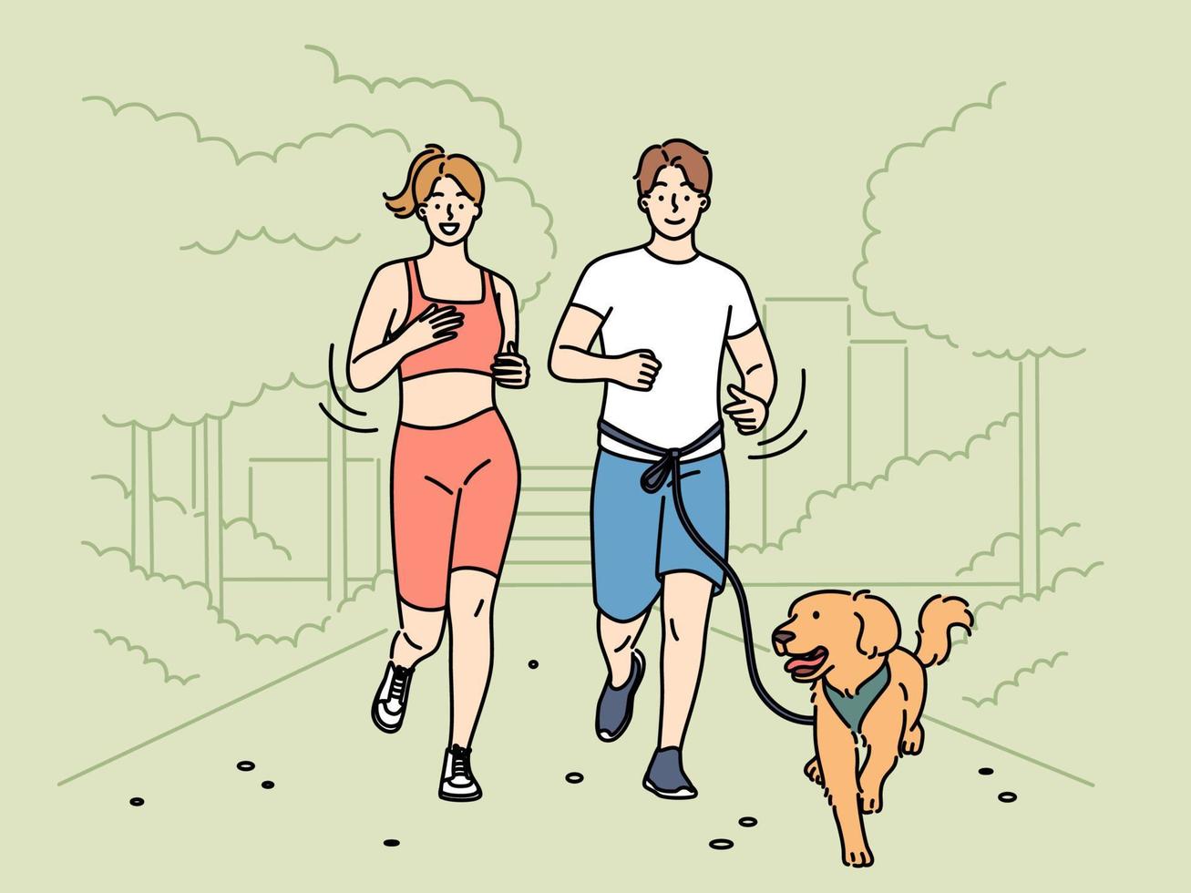 sorridente casal dentro roupa de esporte corrida juntos com cachorro dentro parque. feliz homem e mulher corrida ao ar livre com filhote de cachorro. esporte e saudável estilo de vida. vetor ilustração.