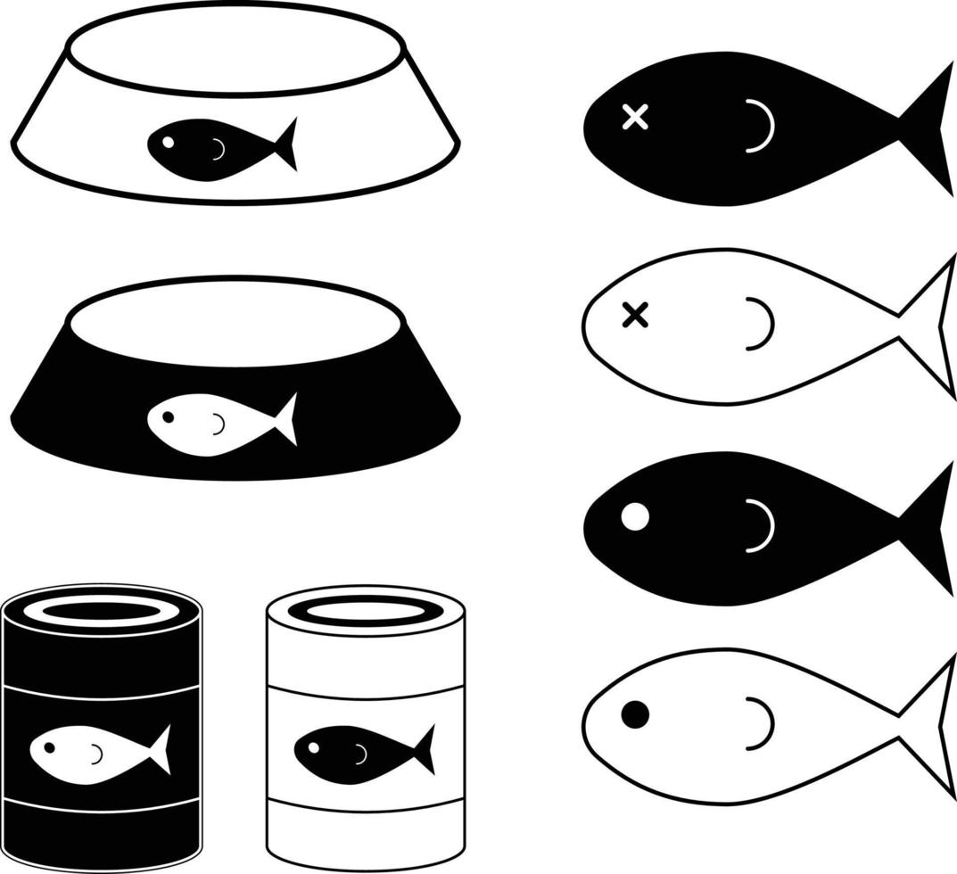 gato tigela, gato comida, peixe pode, enlatado peixe, estanhado peixe vetor ícone conjunto grampo artes ilustrações Preto e branco