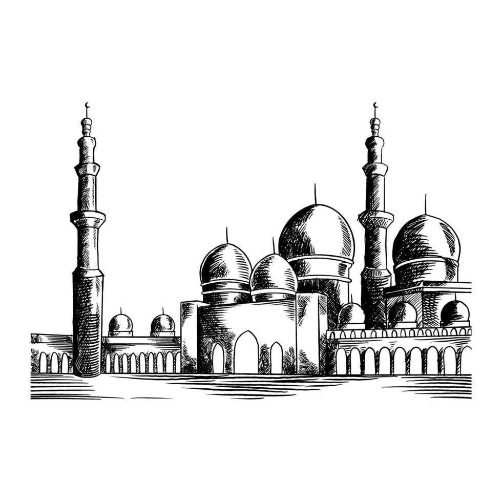 mão desenhada ramadan kareem e mesquita. elementos de design de cartão bonito. feliz eid mubarak. tema de celebração do festival islâmico isolado no fundo branco. ilustração vetorial vetor