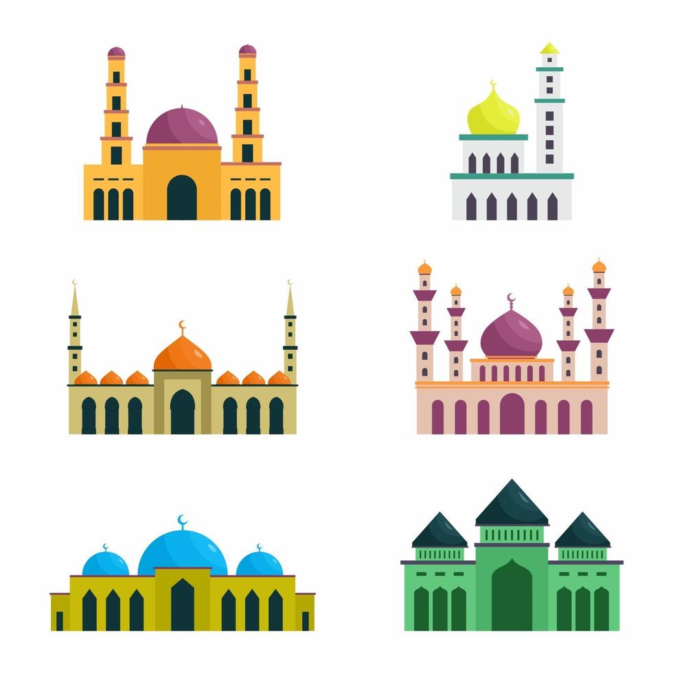 conjunto de vetores de mesquita islâmica. ramadan kareem, happy eid mubarak. ícones desenhados à mão com elementos de design colorido liso. ilustrações de estilo linear moderno isoladas no fundo branco.