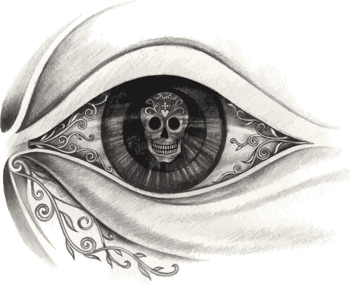 arte surreal crânio dentro a olho tatuagem. mão desenhando e faço gráfico vetor. vetor
