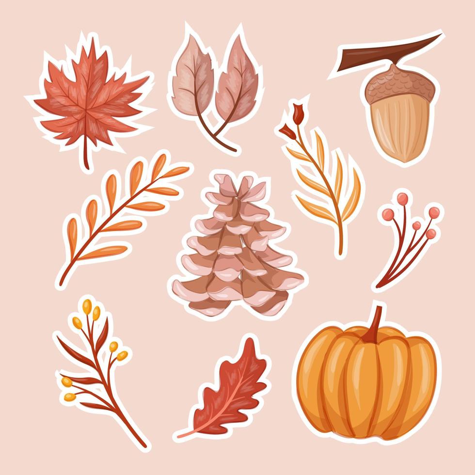 outono outono estação com bordo folha e folhas com bolota, Pinha, abóboras adesivo elemento decoração vetor