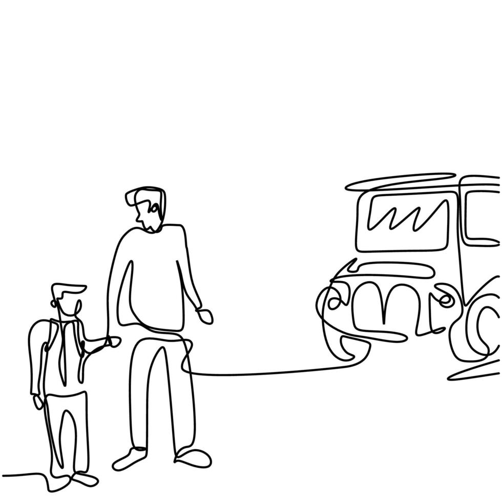 um desenho de linha contínua de um jovem pai leva seu filho ao ônibus escolar. criança feliz está de pé com o pai na rua. de volta às aulas conceito handdrawn line art minimalism design vetor