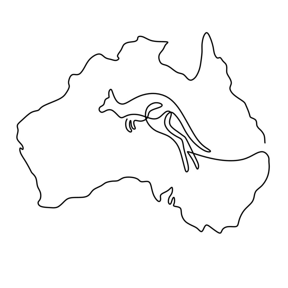 um desenho de linha contínua da silhueta do projeto dos animais selvagens da Austrália mapa da Austrália com um canguru. animais selvagens simbolizam o estilo minimalista em fundo branco. ilustração vetorial vetor