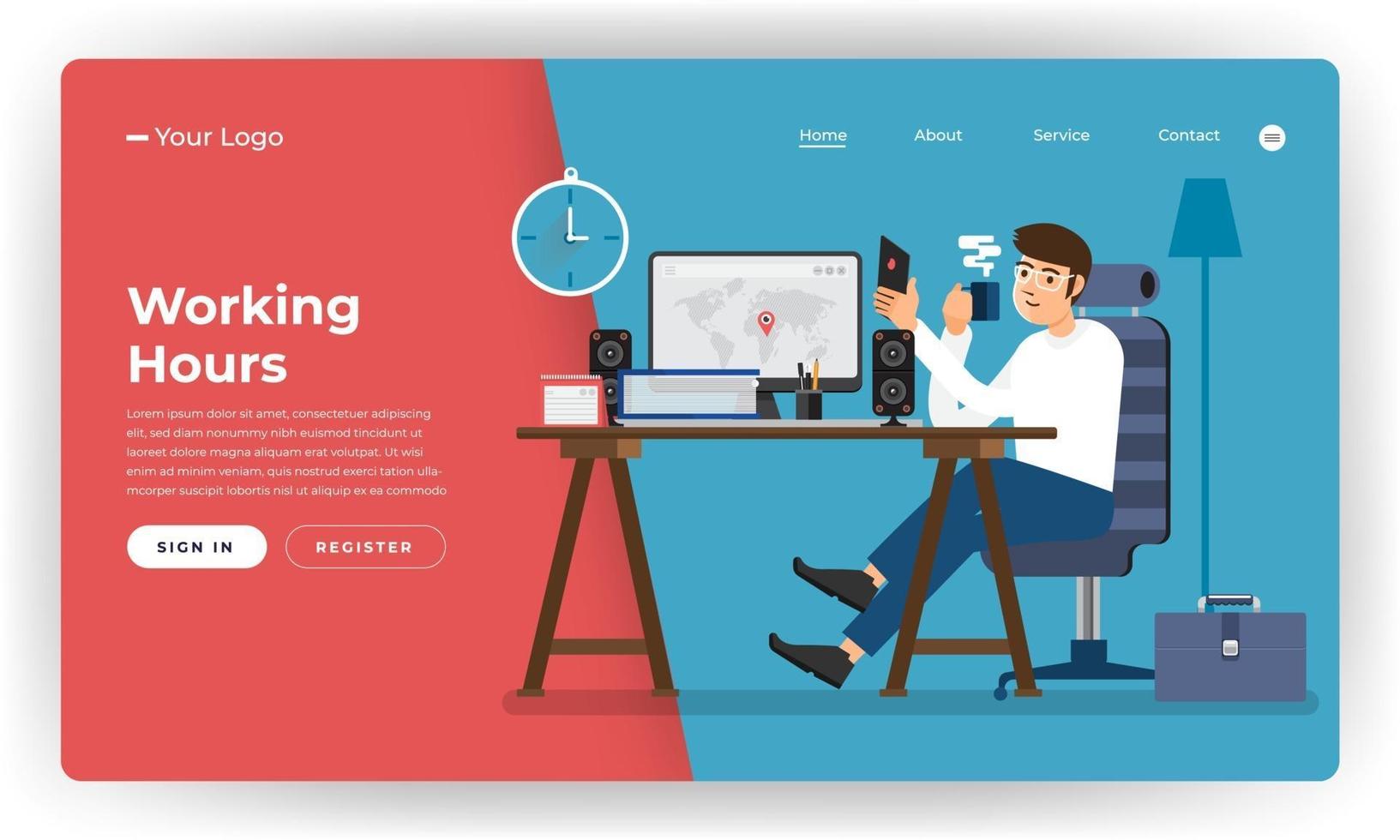 mock-up design site conceito de design plano trabalhador de horas de trabalho no escritório local. ilustração vetorial. vetor