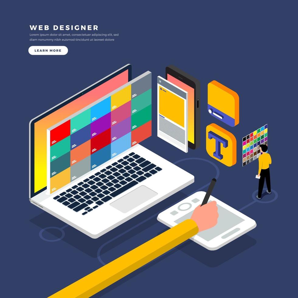 web designer de conceito de design plano isométrico. ilustração vetorial. design de layout do site. vetor