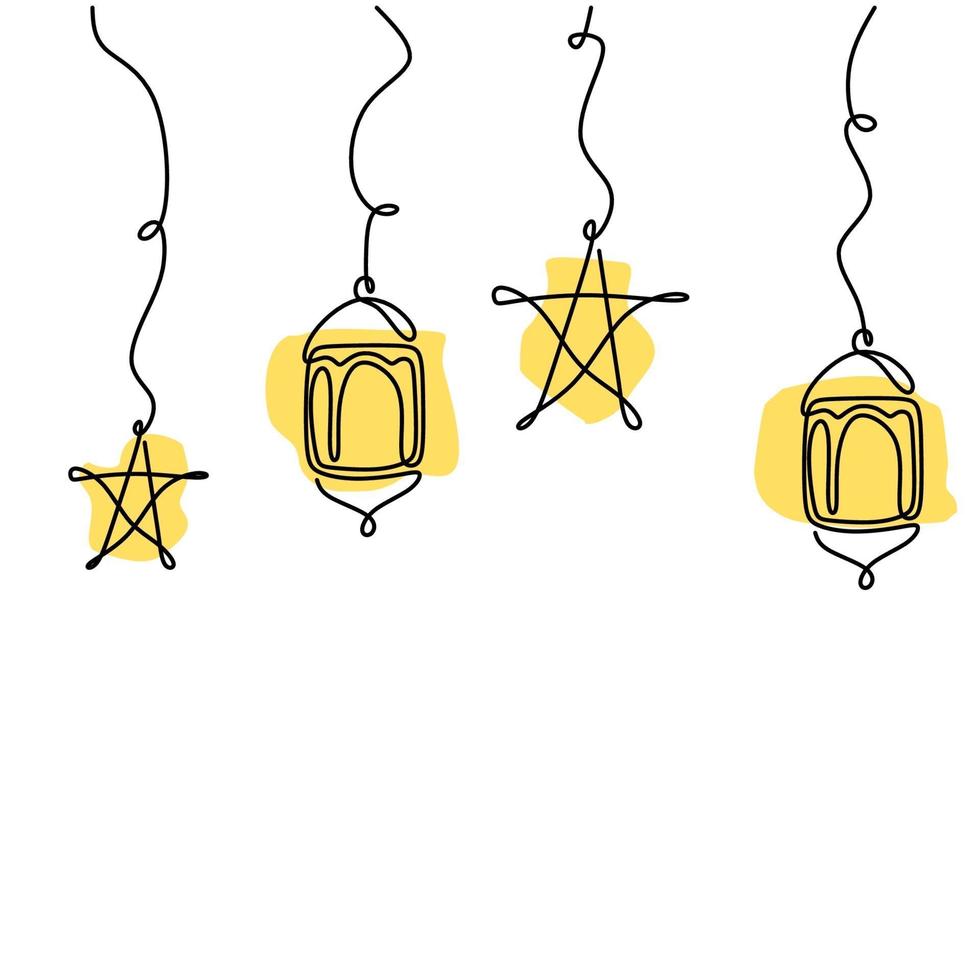 um projeto de desenho de linha contínua para o ramadã com estrelas penduradas e lanterna. cartão Ramadan Kareem com conceito de decoração islâmica. ilustração vetorial estilo minimalismo em fundo branco vetor