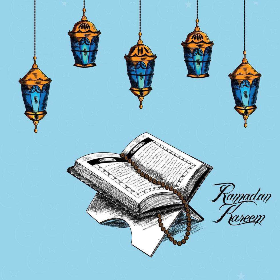 mão desenhar elemento de ramadan mubarak com livro sagrado islâmico Alcorão vetor