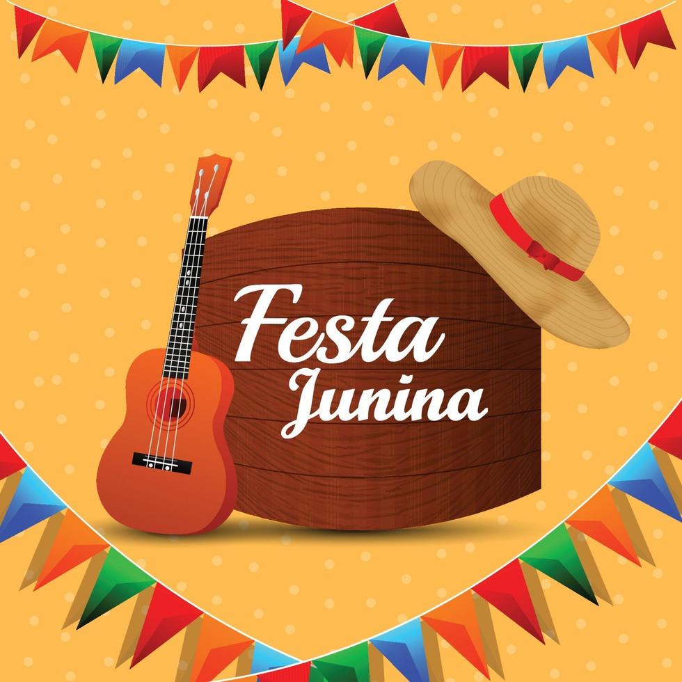 ilustração em vetor festa junina com bandeira de festa colorida e guitarra