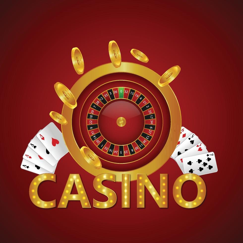 texto de casino dourado com cartas de jogar com moeda de ouro e slot vetor