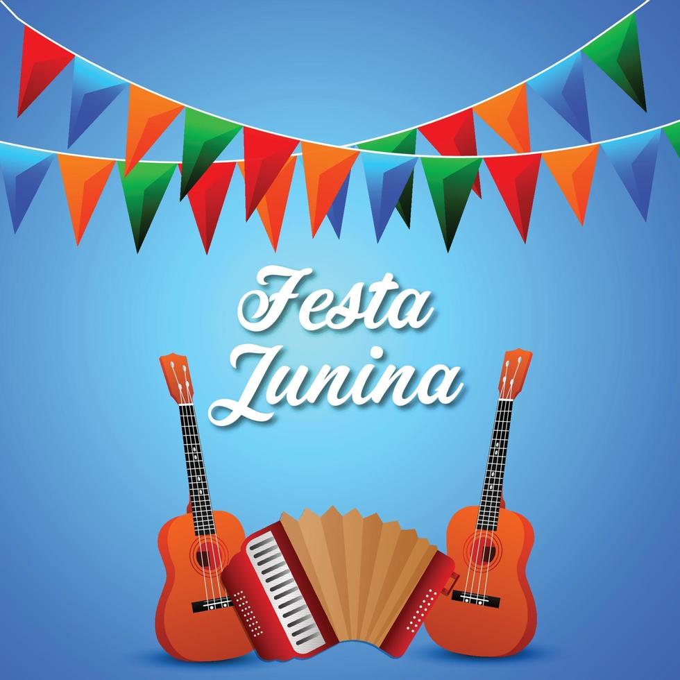 ilustração criativa festa junina com guitarra e bandeira colorida de festa vetor