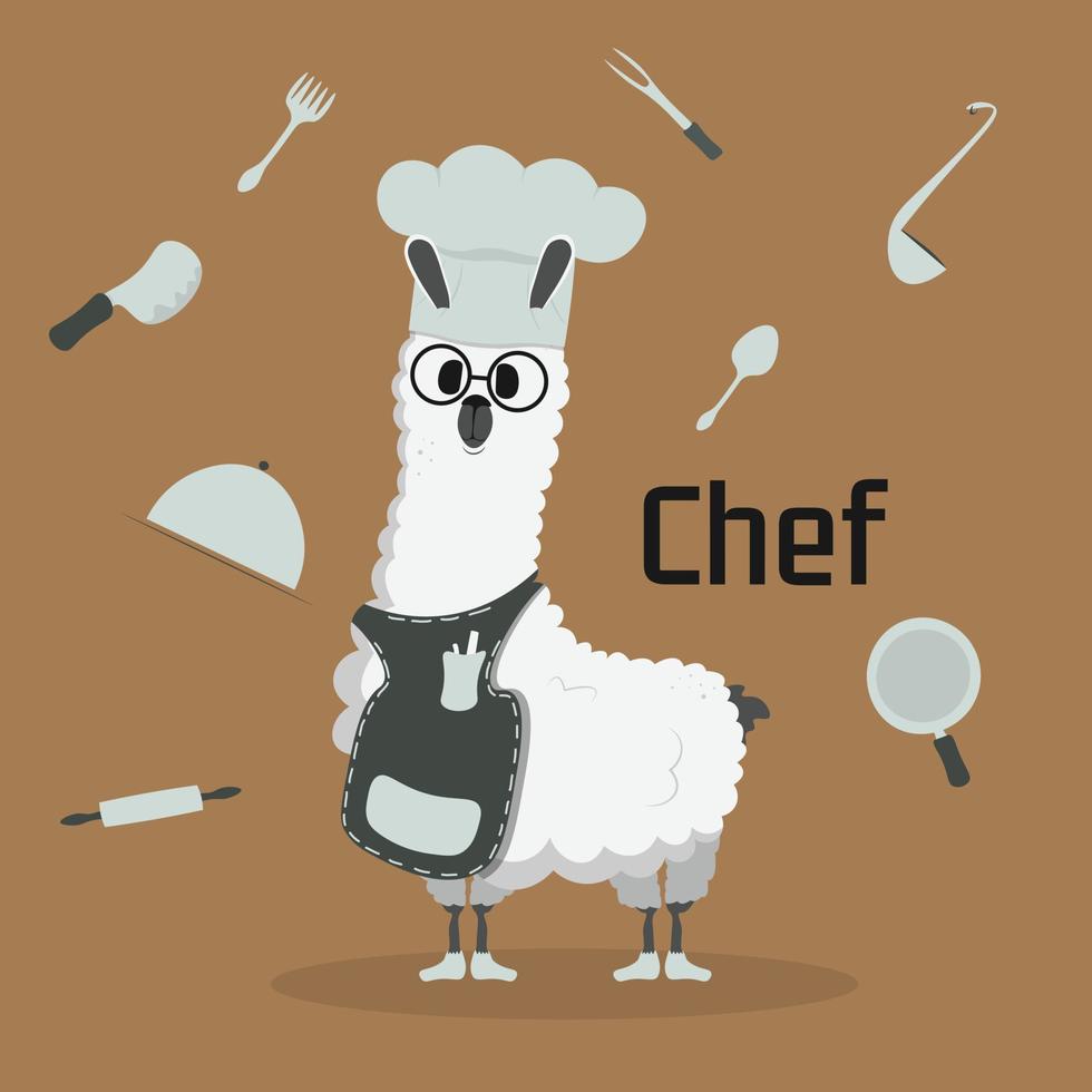 fofa engraçado lama desenho animado alpaca chefe de cozinha mascote animal mão desenhado vetor