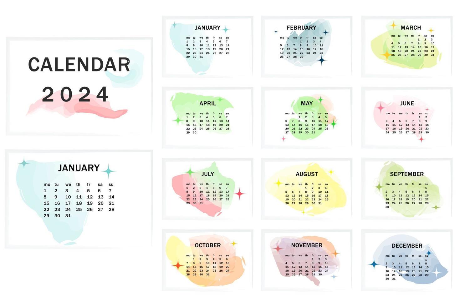 calendário 2024 modelo. por mês calendário 2024 com aguarela fundo. Inglês vetor calendário.