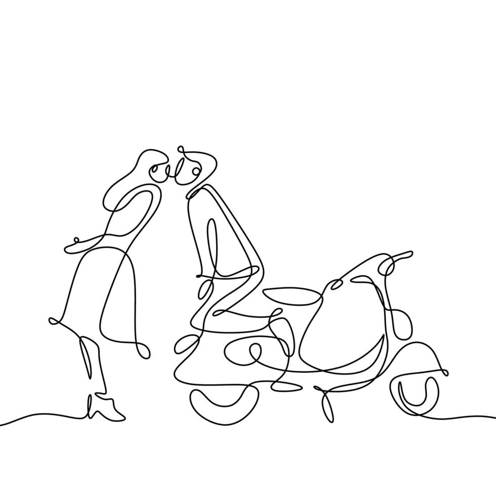 desenho de linha contínua de um casal se beijando com uma motocicleta retro scooter. conceito minimalista criativo vintage de romance isolado no fundo branco. vetor