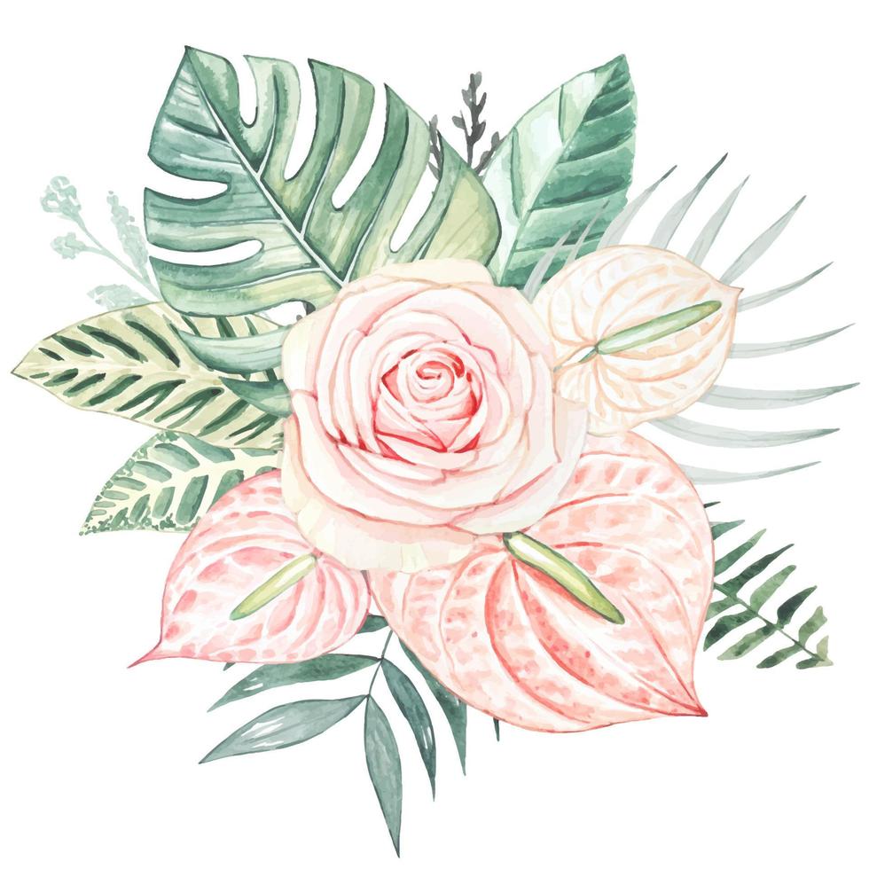 ramalhete com Rosa rosa, antúrio flores e tropical folhas. aguarela vetor