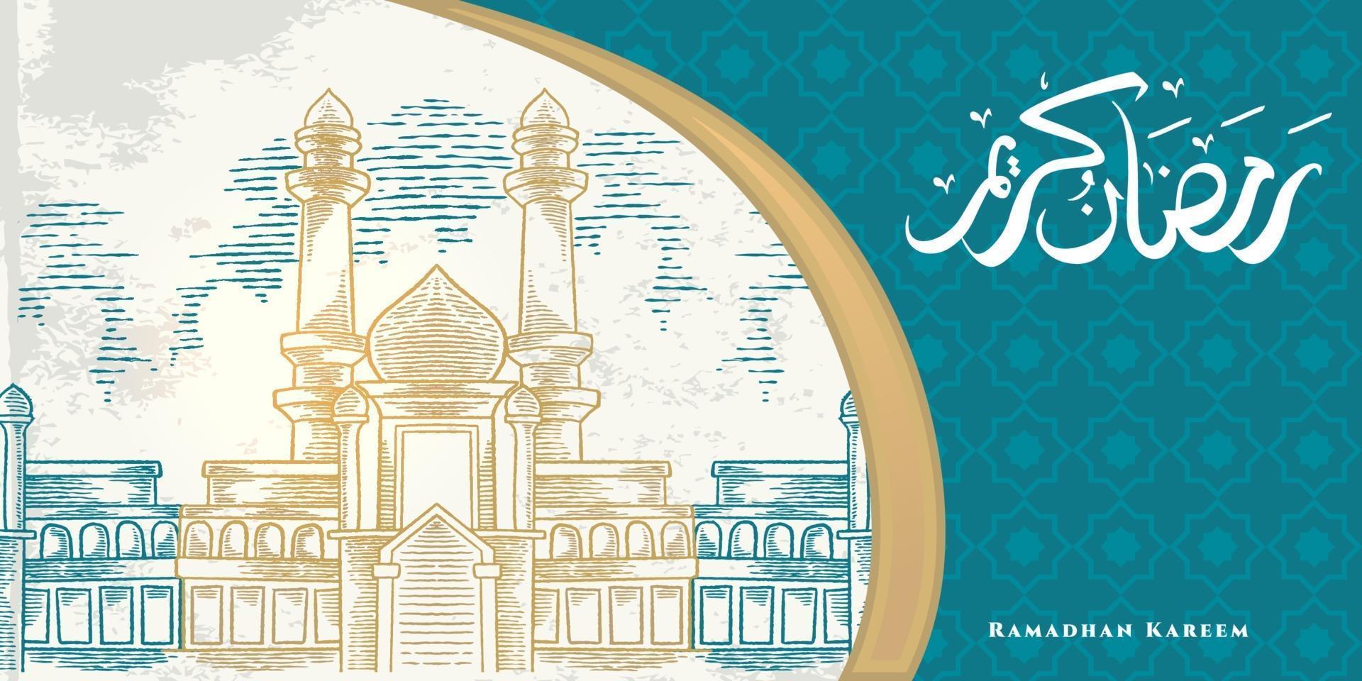 Ramadan kareem cartão com esboço de grande mesquita, ornamento islâmico e caligrafia árabe significa ramadã de azevinho. mão desenhada esboço design elegante. vetor