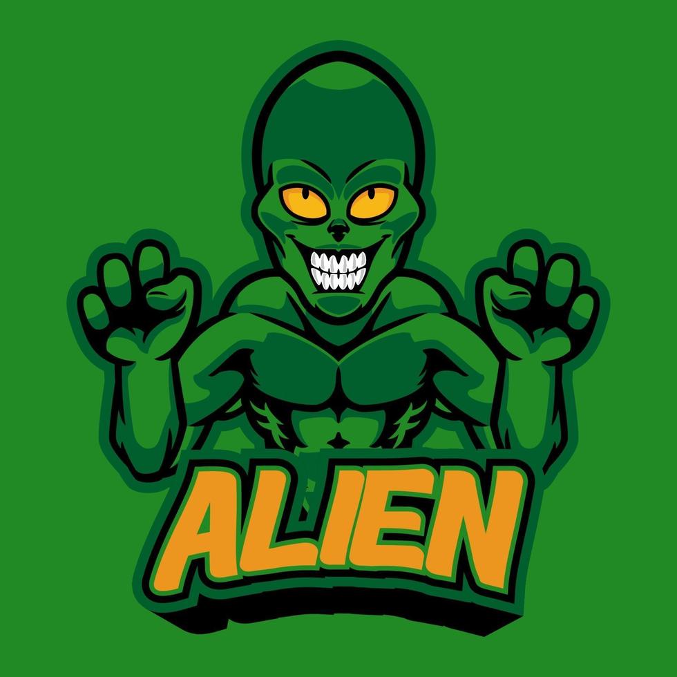 logotipo profissional alienígena agressivo, mascote do esporte, rótulo de e-sports. logotipo de ilustração vetorial assustador monstro verde mascote para sua equipe de e-sports, pessoal, empresa ou impresso para roupas. vetor