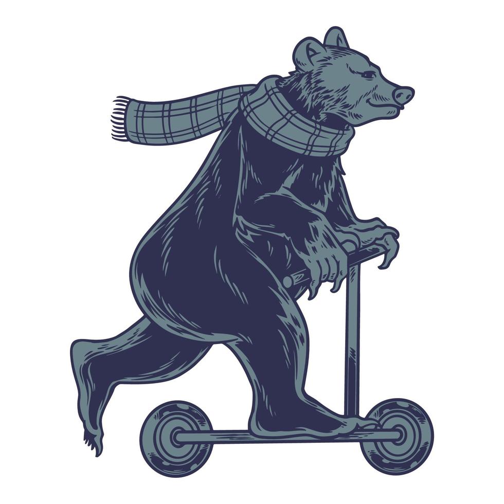 urso legal usando cachecol na scooter. vintage divertido urso de pelúcia na scooter de pontapé, desfrutar de andar isolado em um fundo branco. pode ser usado para impressão de camisetas, roupas infantis, design de moda e outros usos vetor