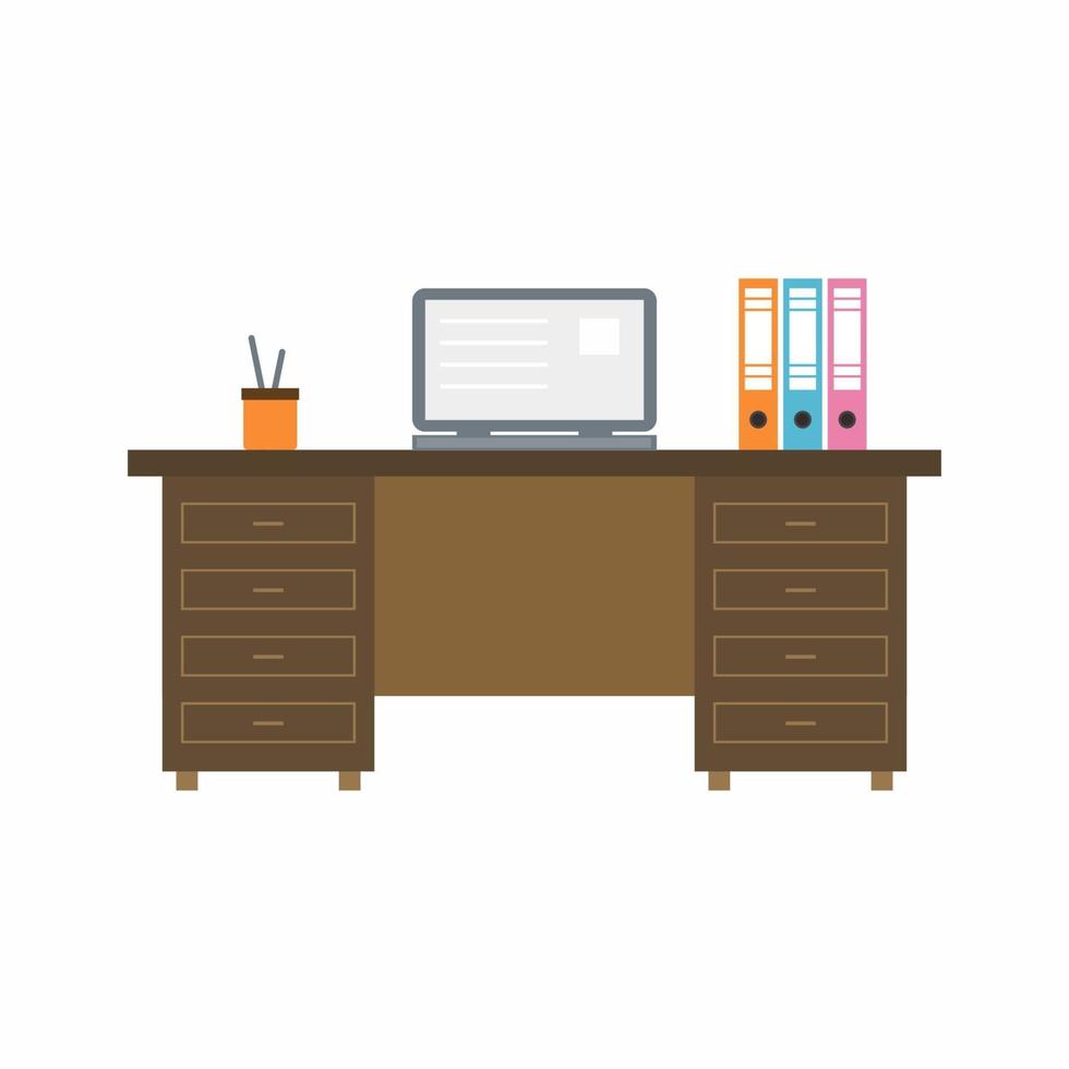 mesa de escritório em casa com o laptop na mesa e uma pilha de documentos. conceito de interiores de design moderno de local de trabalho aconchegante. trabalhar em casa, freelance ou estudar. ilustração vetorial de estilo simples vetor