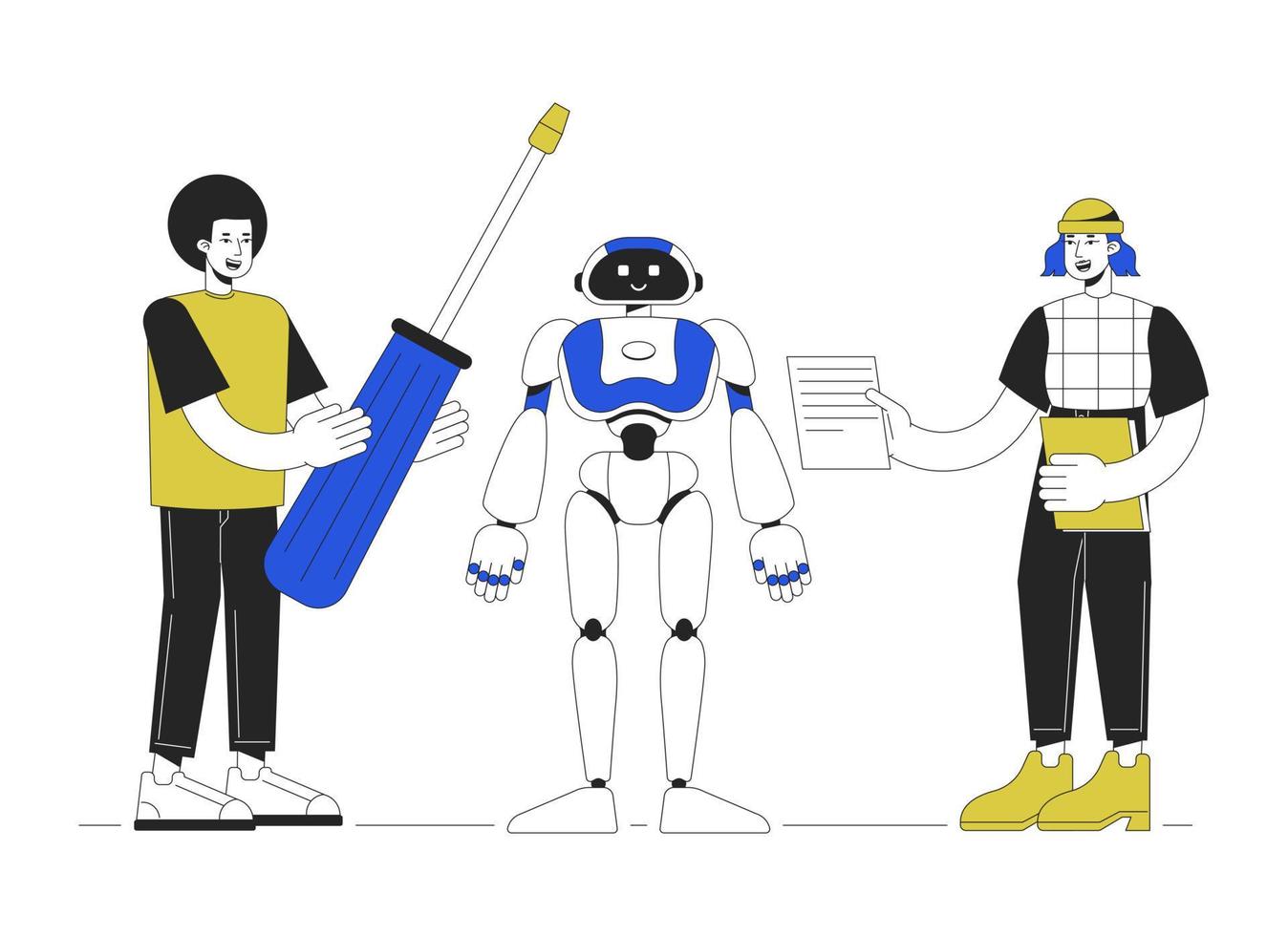 construção humanóide robô linha conceito vetor local ilustração. editável 2d plano cor desenho animado personagens em branco para rede Projeto. robótica engenheiros criativo lineart idéia para local na rede Internet, móvel, blog