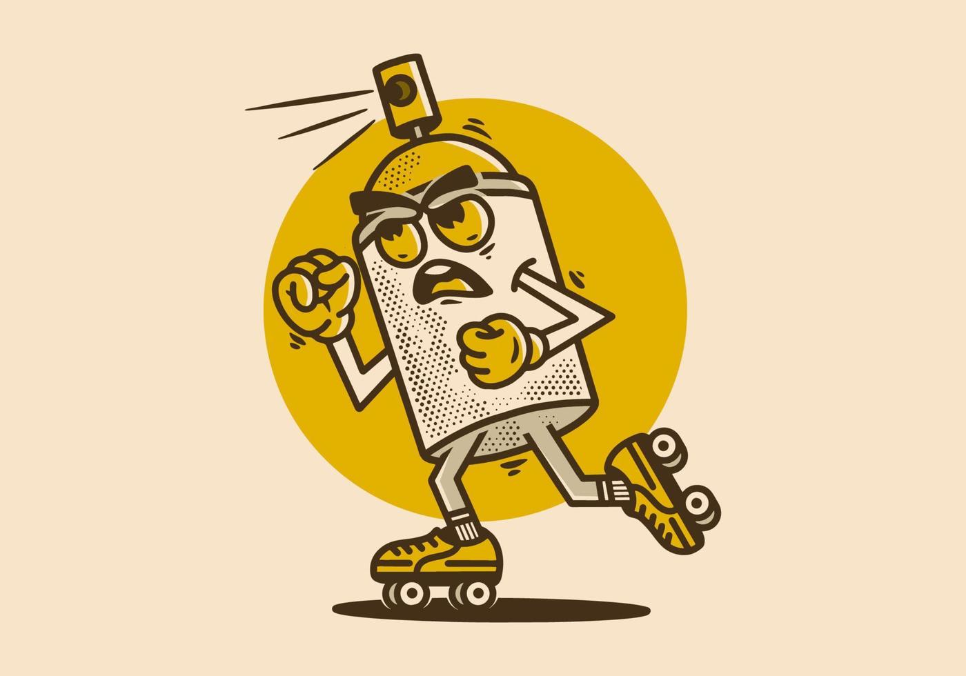 mascote personagem ilustração do spray pintura jogando rolo patins vetor