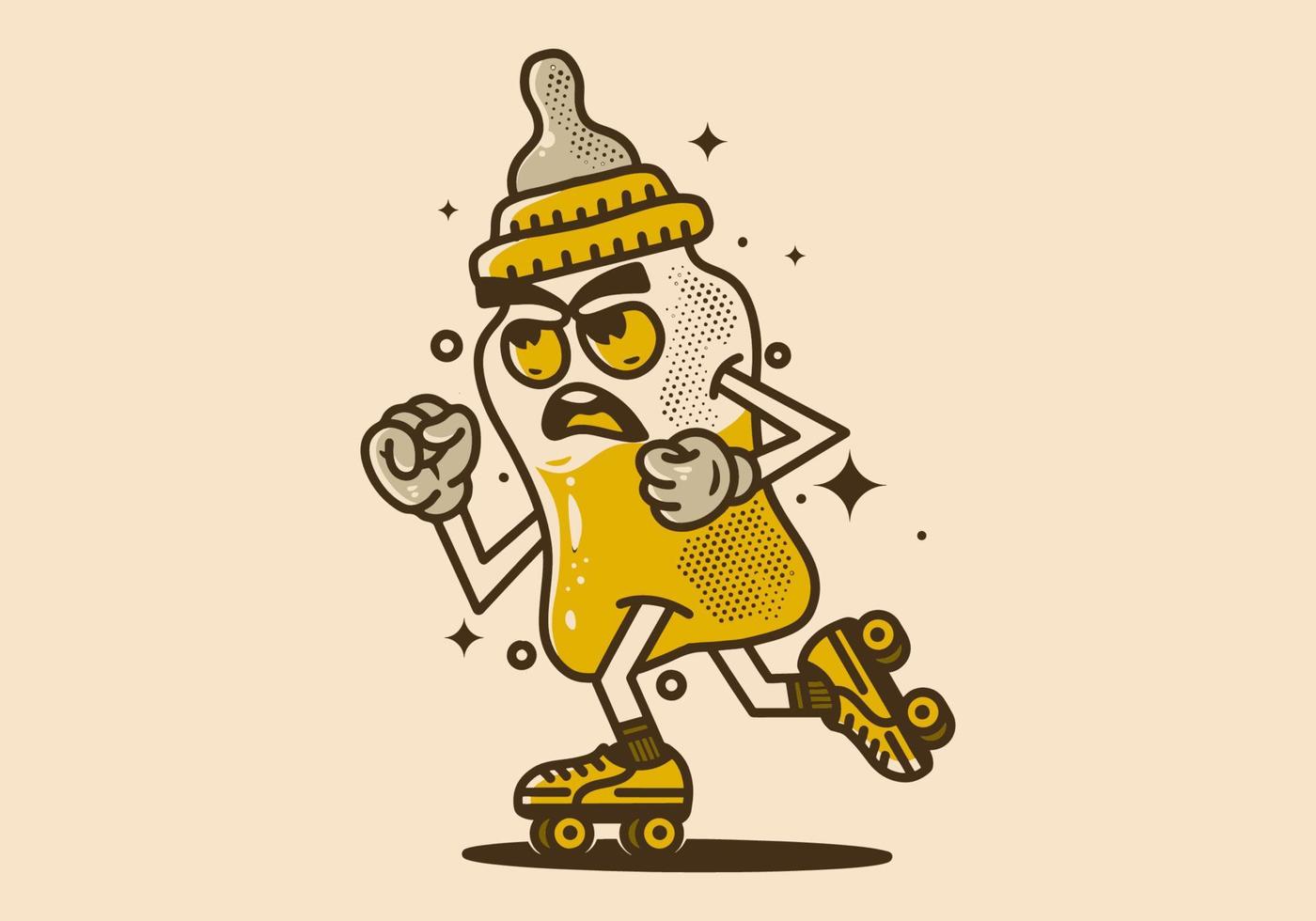 mascote personagem ilustração do bebê leite garrafa jogando rolo patins vetor