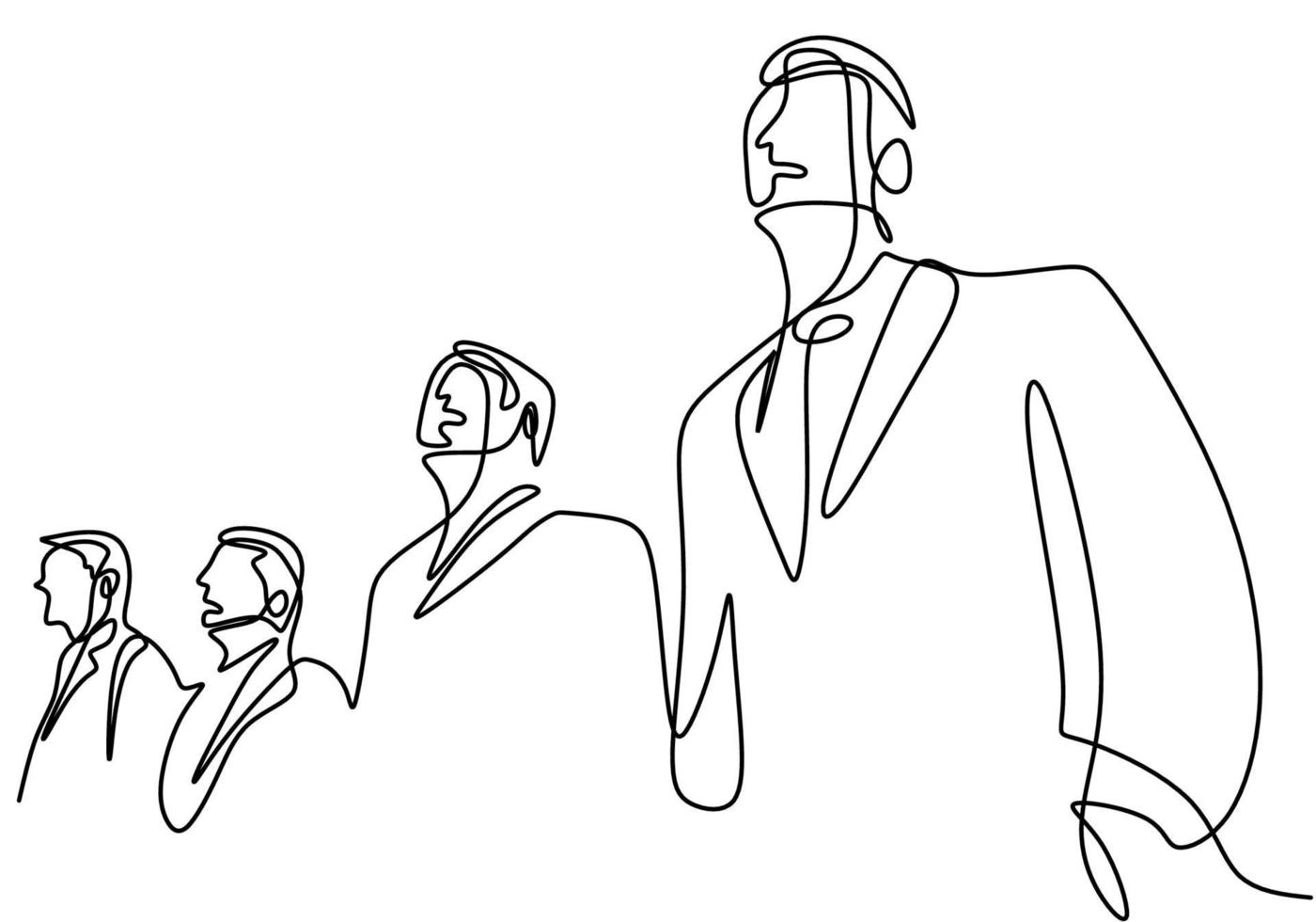 um desenho de linha contínua do empresário em pé com pose confiante. um jovem empresário está procurando o símbolo otimista de sucesso isolado no fundo branco. ilustração vetorial vetor