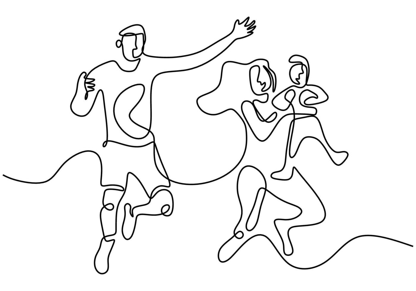 Contínuo um desenho de linha de pai de família feliz, mãe e filho brincando e pulando juntos para expressar sua felicidade. conceito de parentalidade de família feliz. ilustração vetorial vetor
