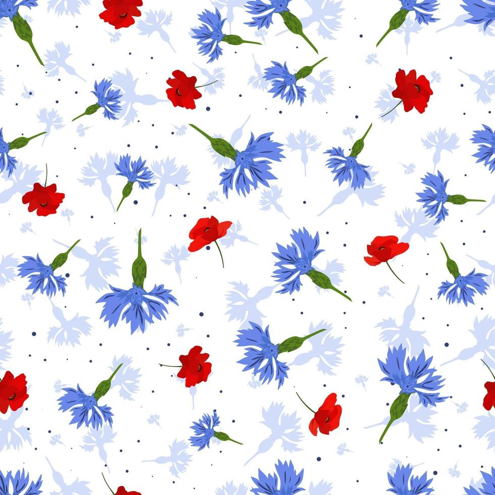 padrão sem emenda de vetor com flores azuis e papoilas vermelhas sobre fundo branco.