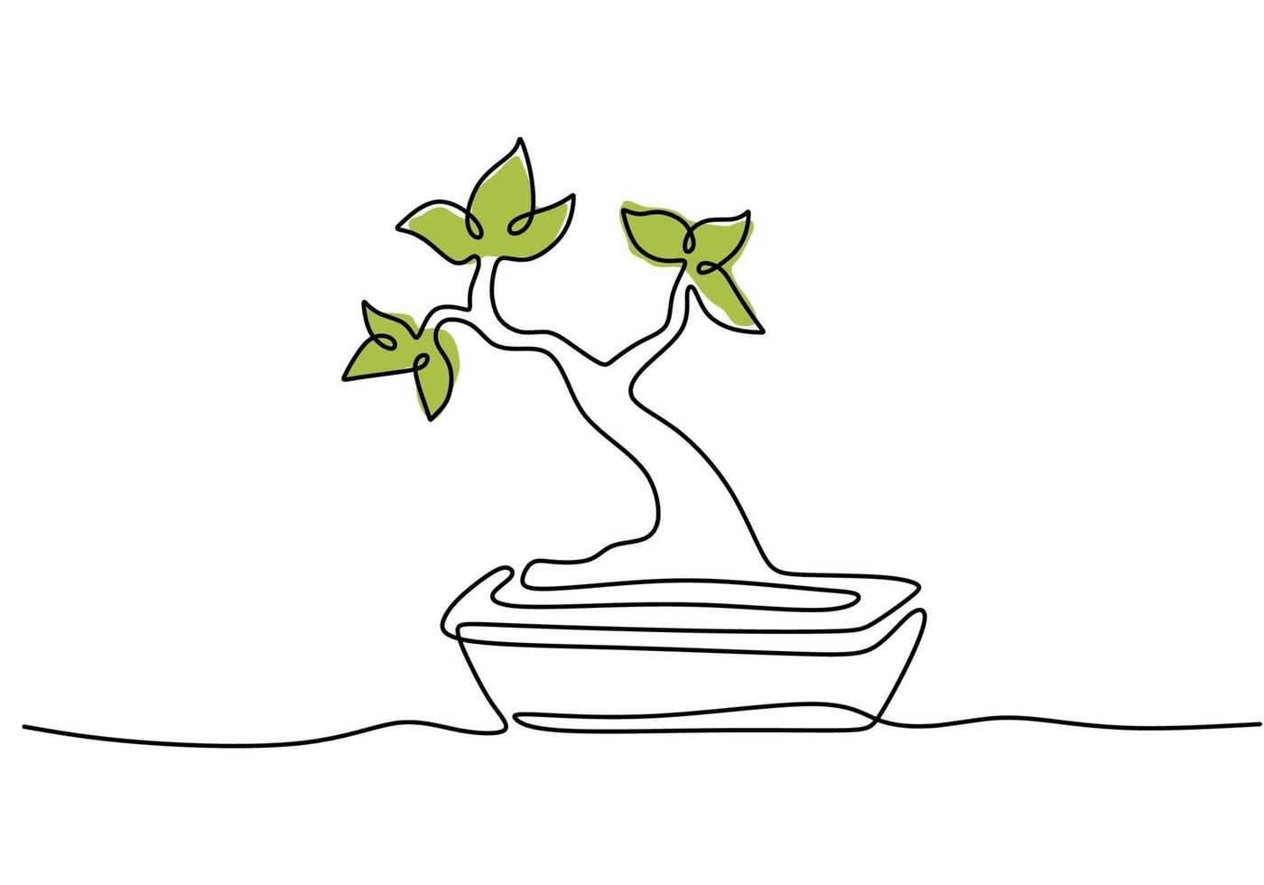desenho de linha contínua da árvore bonsai da natureza no pote isolado no fundo branco. beleza e planta banyan chinesa ou japonesa fresca para decoração de parede de arte em casa. tema de planta de casa botânica vetor