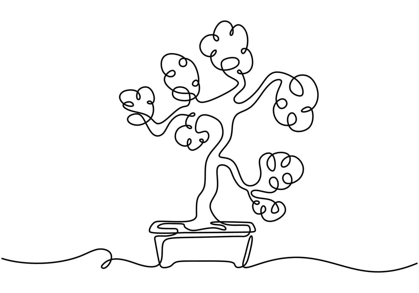 uma árvore de bonsai no pote de um vetor de desenho de linha contínua isolado no fundo branco com design minimalista. plantas decorativas em miniatura antigas para design de interiores de casa. conceito de planta de casa