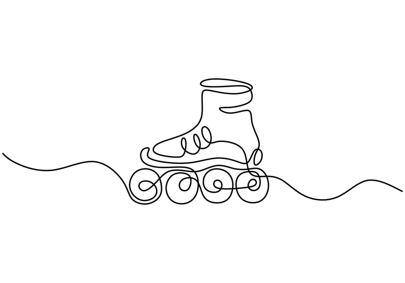 um desenho de linha contínua de um par de tênis retrô de plástico para patins de quatro rodas. conceito de esporte de aptidão saudável. esporte de equipamento de botas de patinação em linha clássico vintage ilustração vetorial vetor