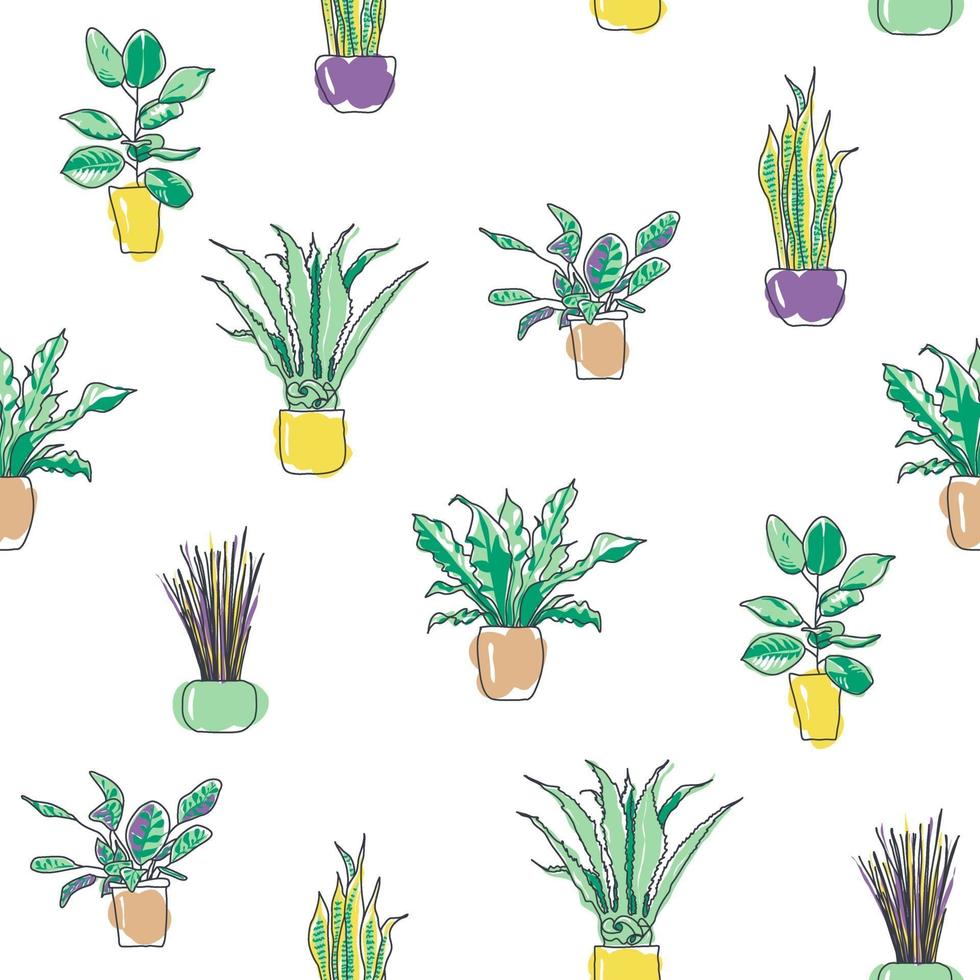 padrão sem emenda colorido de plantas de casa elegantes na moda. plantas em vasos para interior de casa ou escritório. ilustração em vetor plana dos desenhos animados isolada no branco