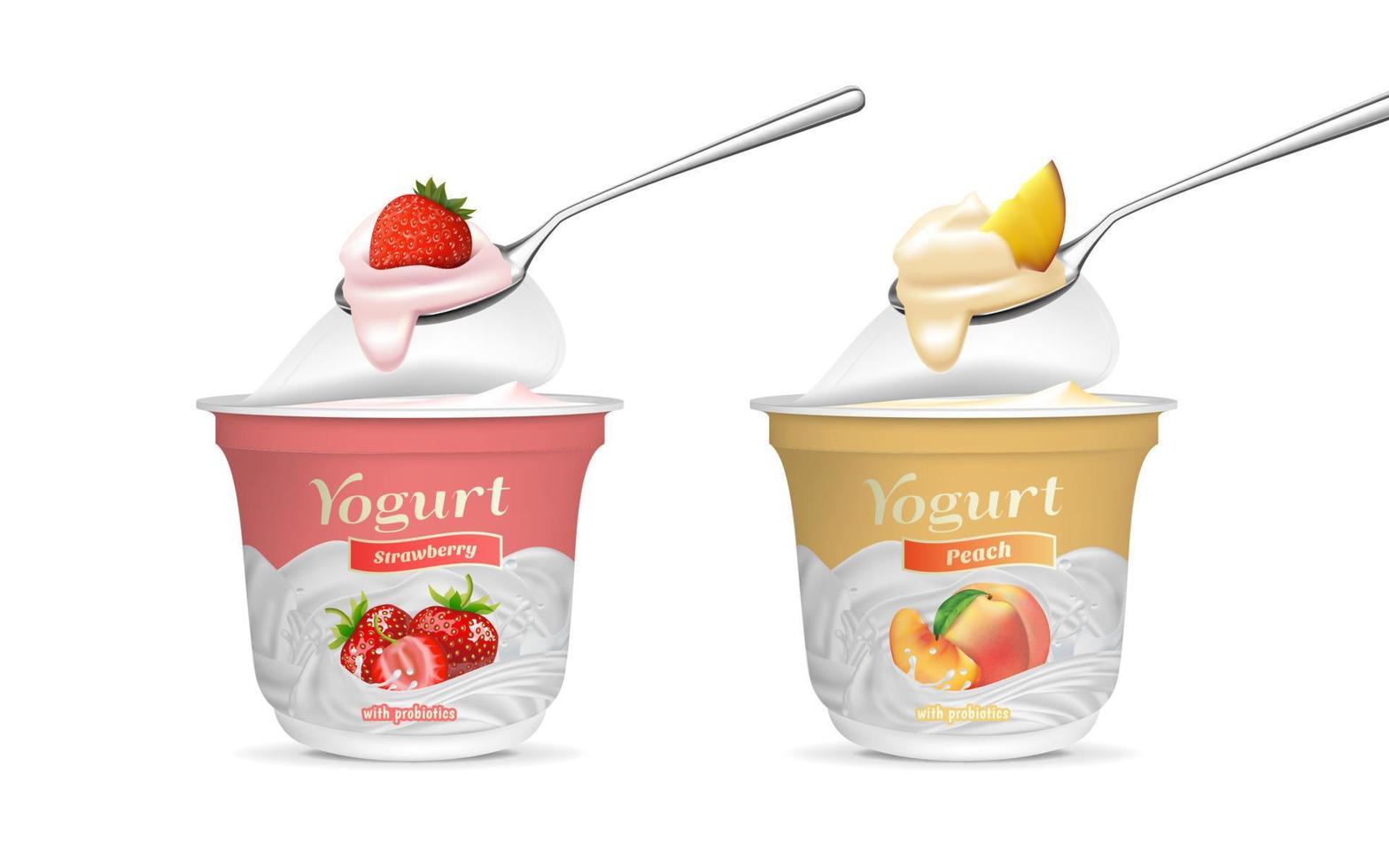 realista detalhado 3d morango e pêssego gosto iogurte com colher definir. vetor