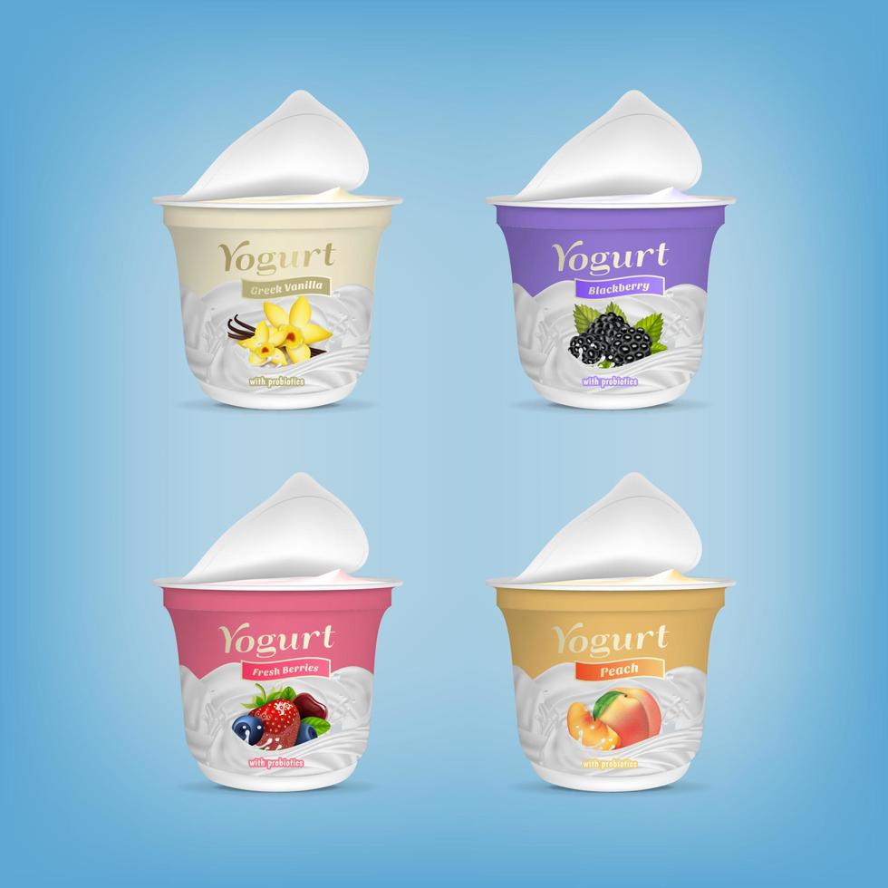 realista detalhado 3d aberto iogurte embalagem recipiente diferente gosto definir. vetor