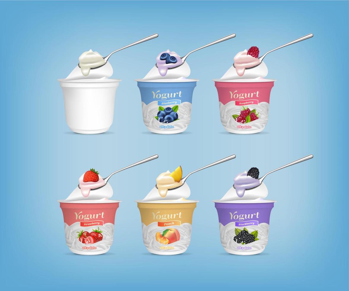 realista detalhado 3d diferente gosto iogurte com colher definir. vetor